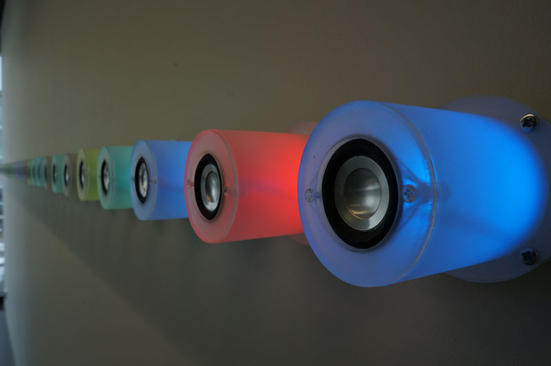 If a sound pixel was predominantly on in the last few steps, the pitch changes upwards and shifts the colour spectrally towards blue.